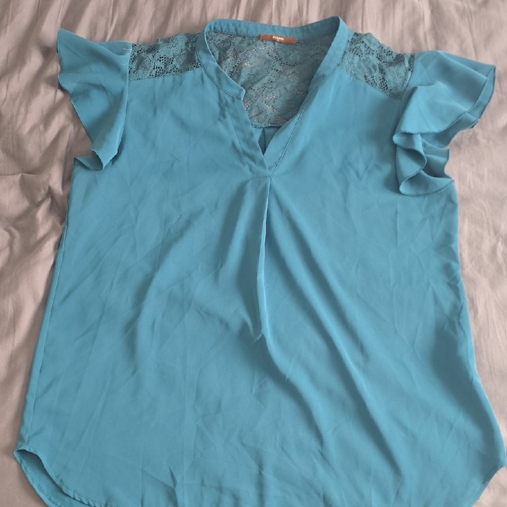 Elegant Sky Blue Ruffle Sleeve Blouse